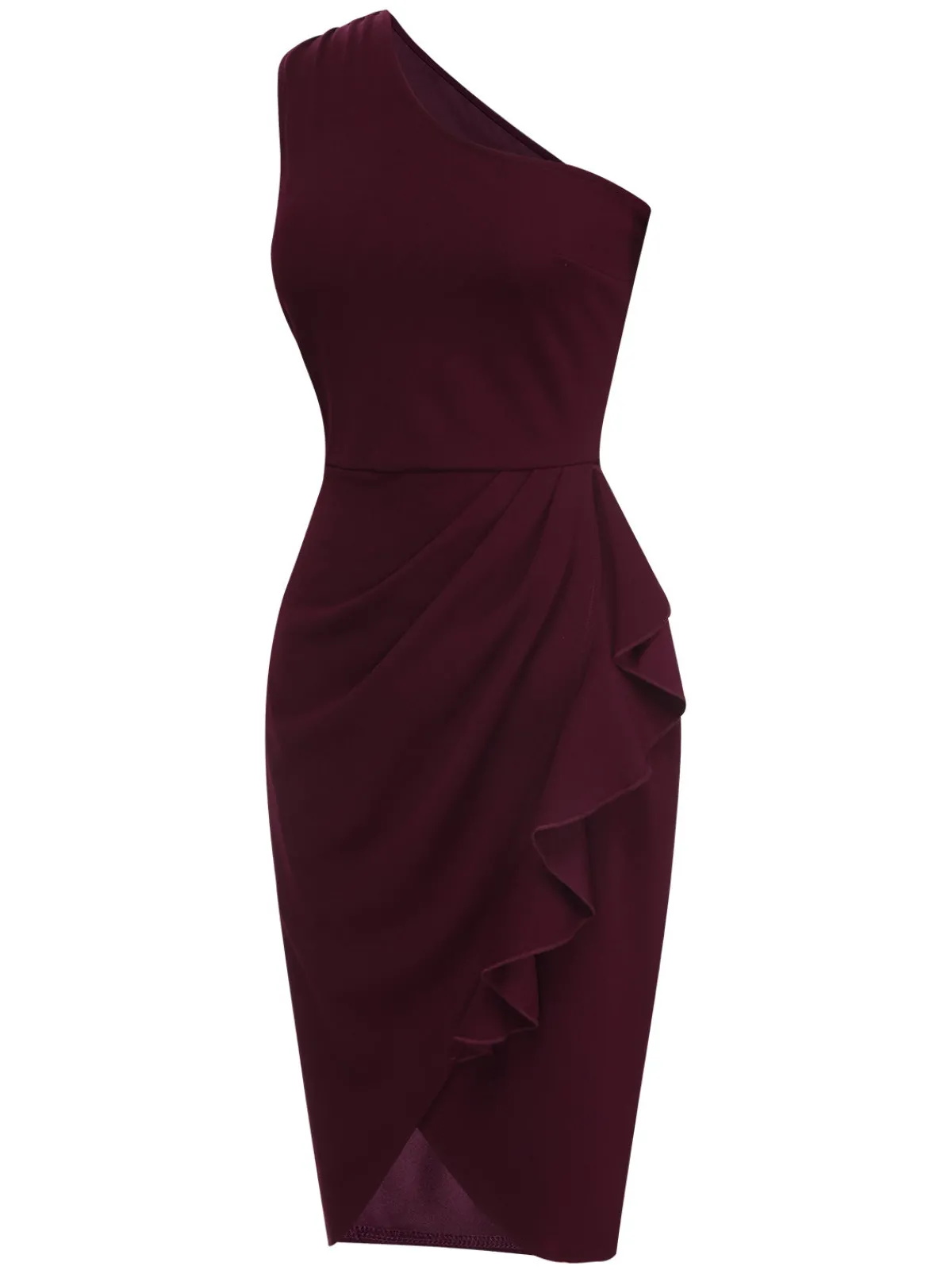 Fashion Retro Stage 1960s Solid Tulip Hem Ruffle One-Shoulder Dress