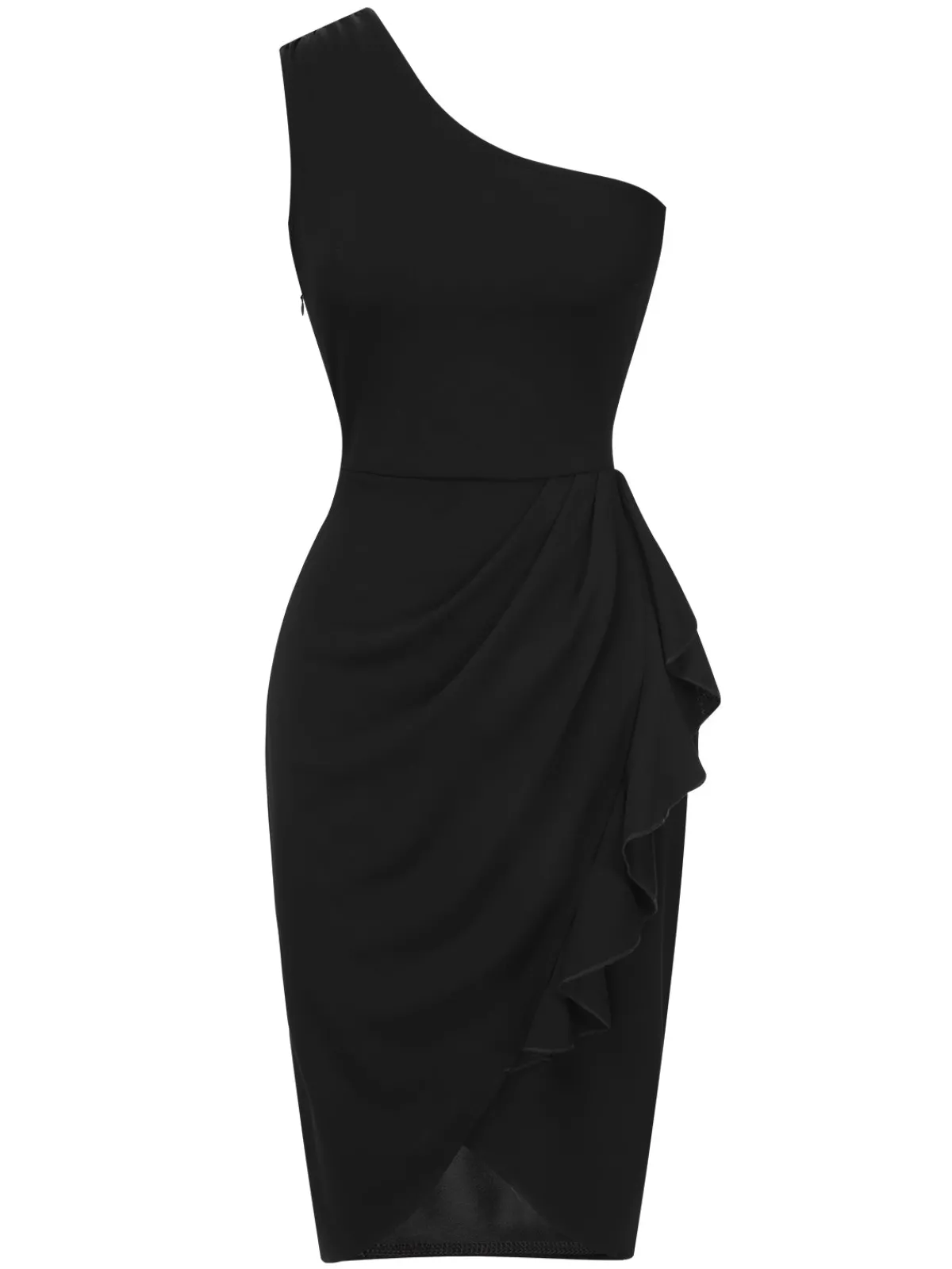 Fashion Retro Stage 1960s Solid Tulip Hem Ruffle One-Shoulder Dress