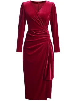 Clearance Retro Stage 1960s Solid Twist V-Neck Velvet Dress