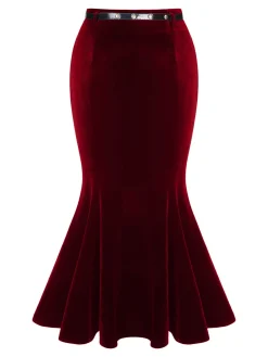 Clearance Retro Stage 1930s Solid Velvet Mermaid Skirt