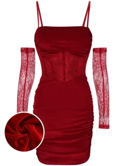 Online Retro Stage 1960s Solid Velvet Sling Dress With Sleeves