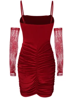 Online Retro Stage 1960s Solid Velvet Sling Dress With Sleeves