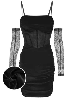 Online Retro Stage 1960s Solid Velvet Sling Dress With Sleeves