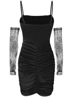 Online Retro Stage 1960s Solid Velvet Sling Dress With Sleeves