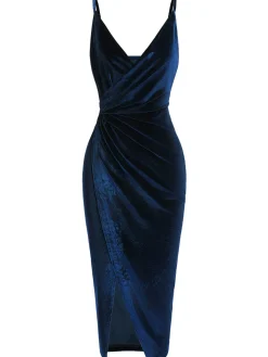 Sale Retro Stage 1960s Solid Velvet V-Neck Strap Dress