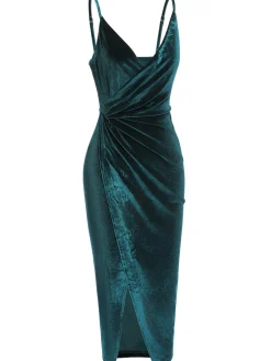 Sale Retro Stage 1960s Solid Velvet V-Neck Strap Dress