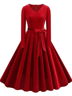 Discount Retro Stage 1950s Solid Velvet V-Neck Swing Dress
