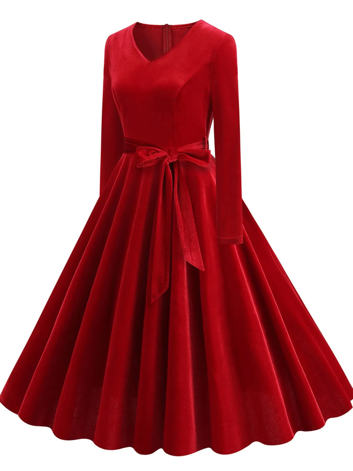 Discount Retro Stage 1950s Solid Velvet V-Neck Swing Dress