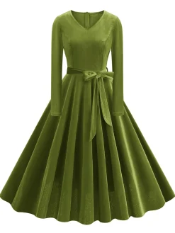 Discount Retro Stage 1950s Solid Velvet V-Neck Swing Dress