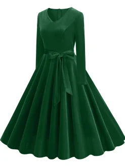 Discount Retro Stage 1950s Solid Velvet V-Neck Swing Dress