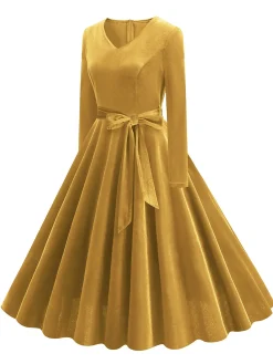 Discount Retro Stage 1950s Solid Velvet V-Neck Swing Dress