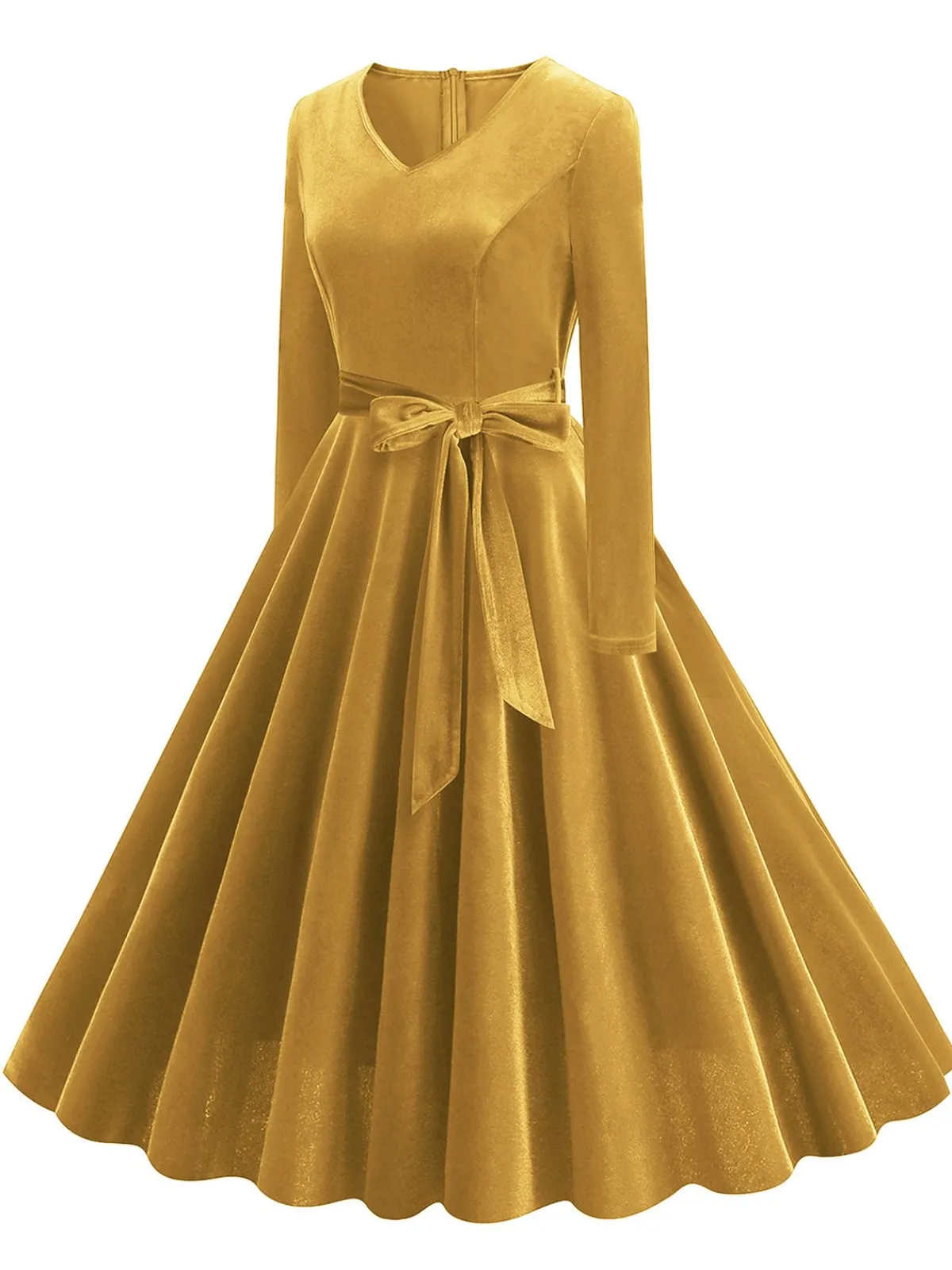 Discount Retro Stage 1950s Solid Velvet V-Neck Swing Dress