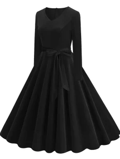 Discount Retro Stage 1950s Solid Velvet V-Neck Swing Dress