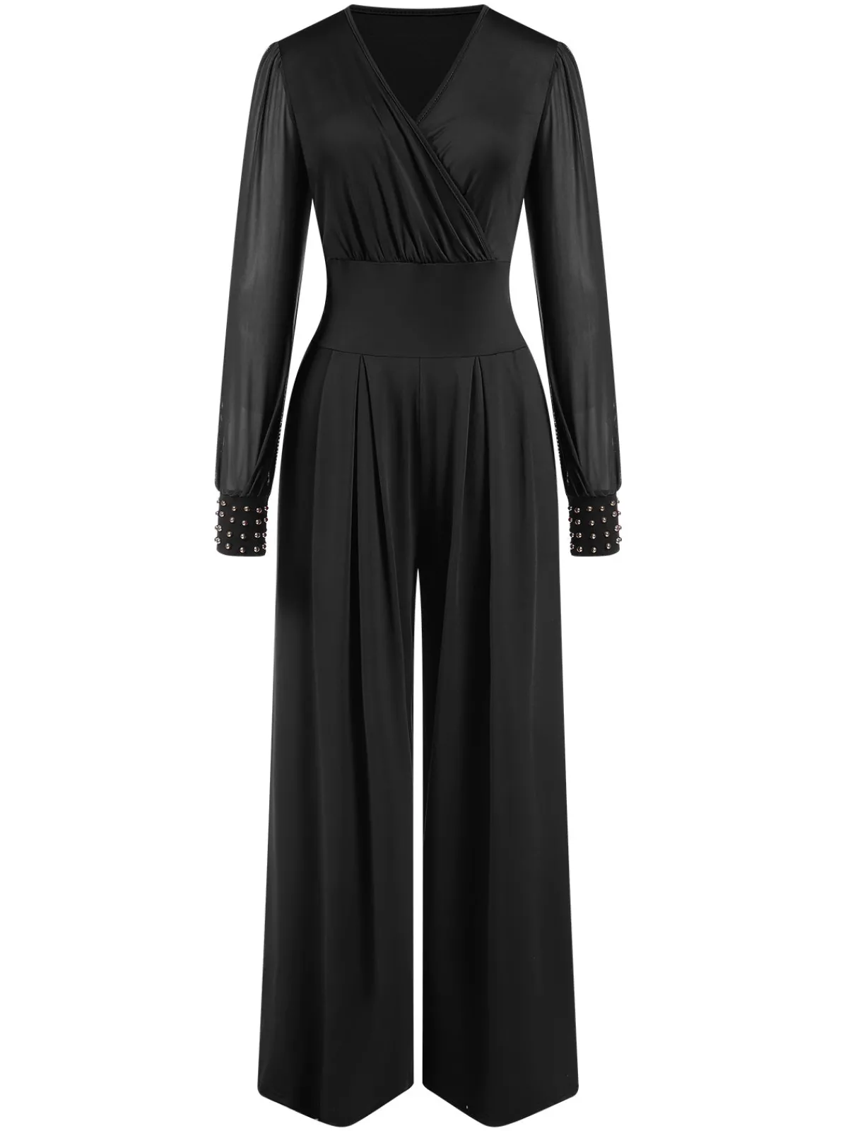 Fashion Retro Stage 1930s Solid V-Neck Beading Mesh Jumpsuit Black