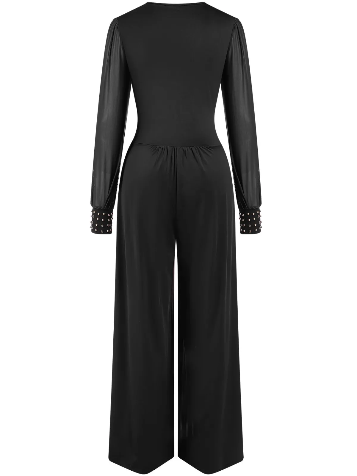 Fashion Retro Stage 1930s Solid V-Neck Beading Mesh Jumpsuit Black