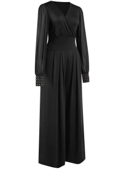 Fashion Retro Stage 1930s Solid V-Neck Beading Mesh Jumpsuit Black