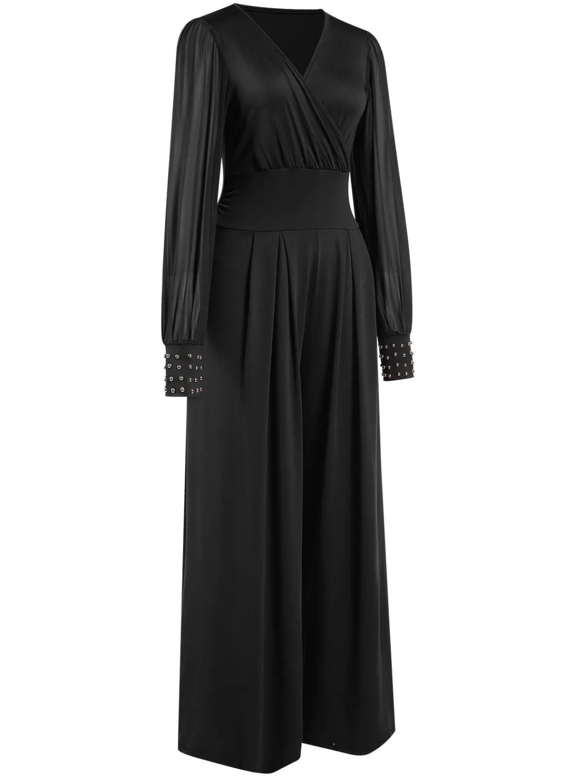 Fashion Retro Stage 1930s Solid V-Neck Beading Mesh Jumpsuit Black