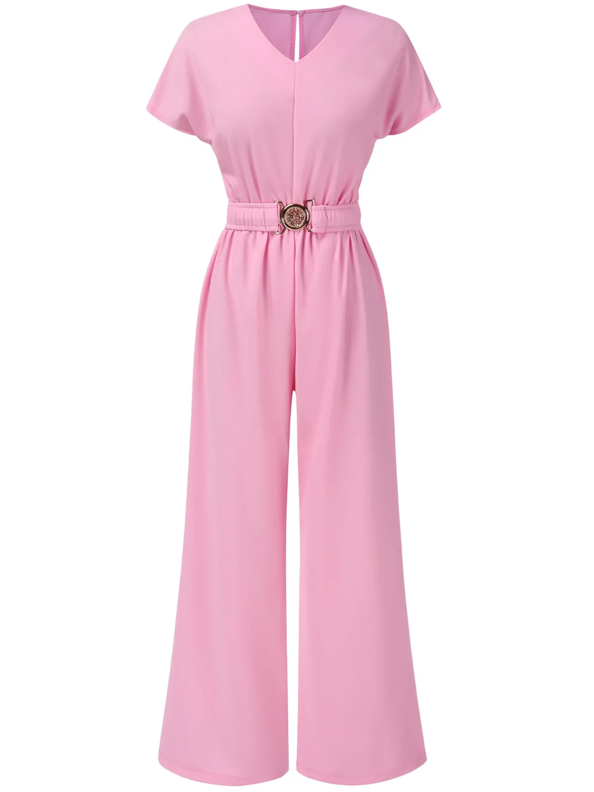 Discount Retro Stage 1950s Solid V-Neck Belted Jumpsuit