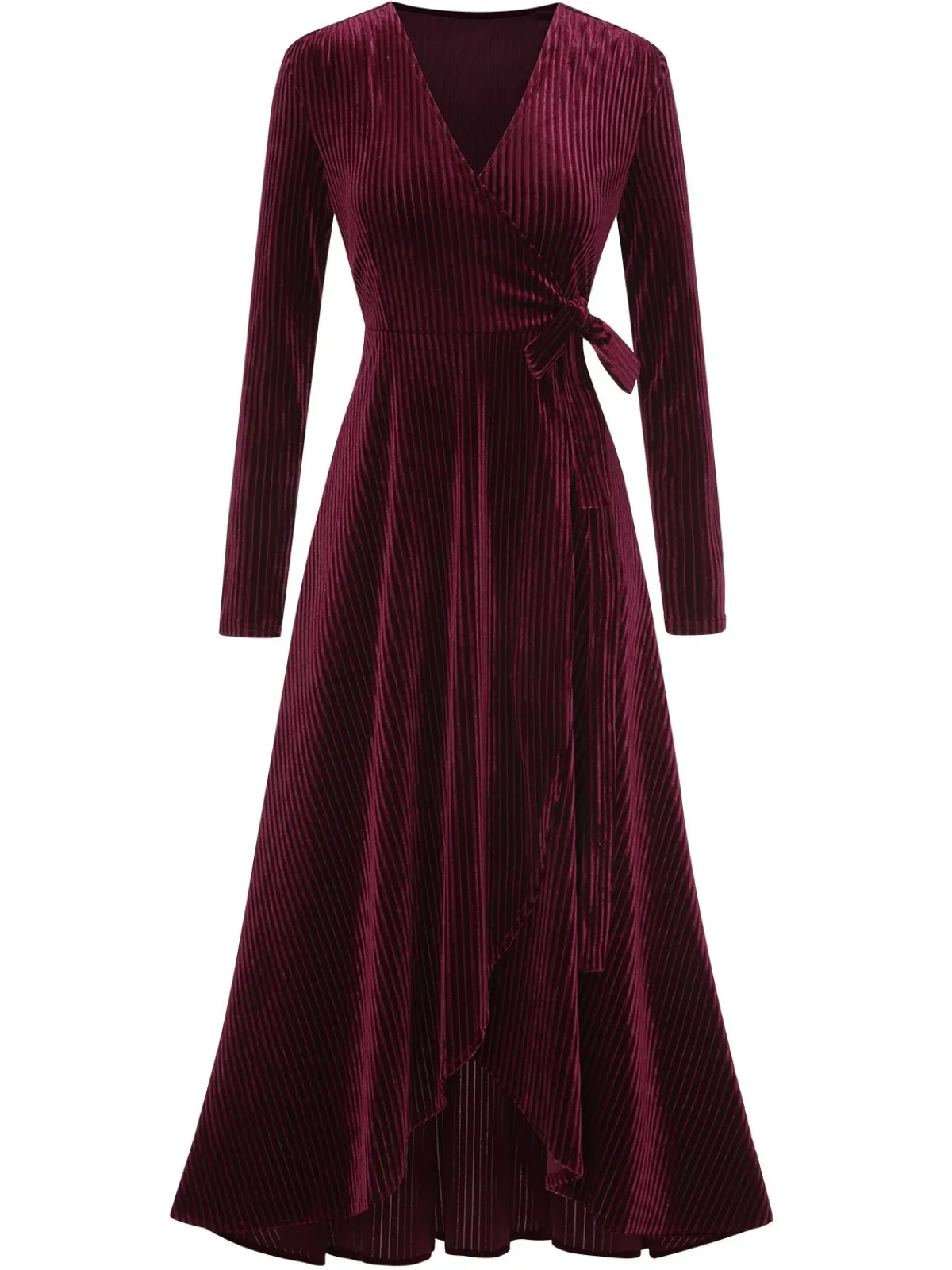 New Retro Stage 1930s Solid V-Neck Corduroy Slit Dress