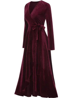 New Retro Stage 1930s Solid V-Neck Corduroy Slit Dress