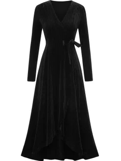 New Retro Stage 1930s Solid V-Neck Corduroy Slit Dress