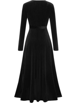 New Retro Stage 1930s Solid V-Neck Corduroy Slit Dress