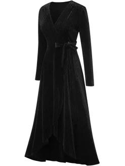 New Retro Stage 1930s Solid V-Neck Corduroy Slit Dress