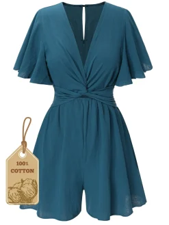 Hot Retro Stage 1950s Solid V-Neck Cotton Flounce Sleeve Romper