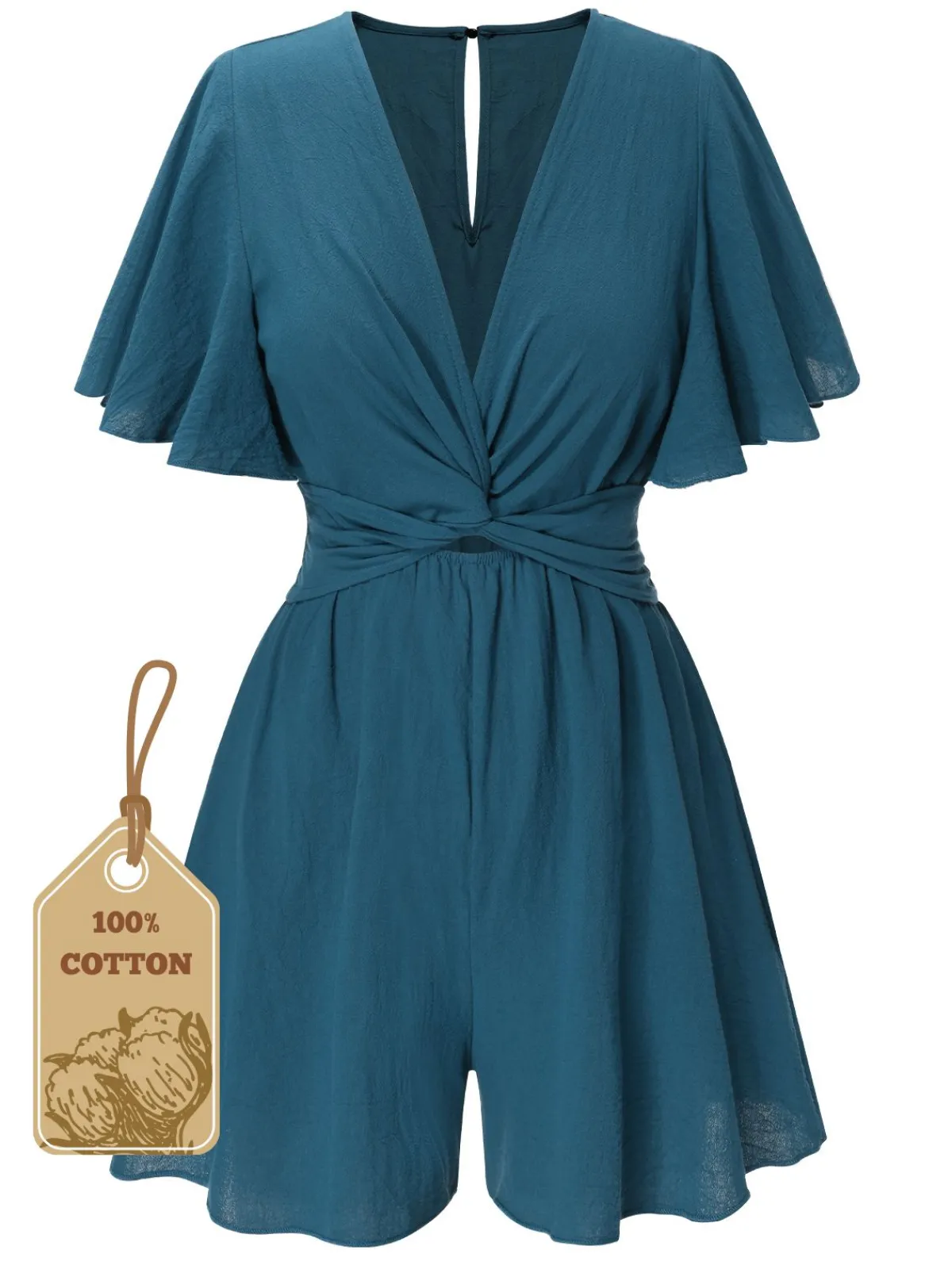 Hot Retro Stage 1950s Solid V-Neck Cotton Flounce Sleeve Romper