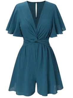 Hot Retro Stage 1950s Solid V-Neck Cotton Flounce Sleeve Romper