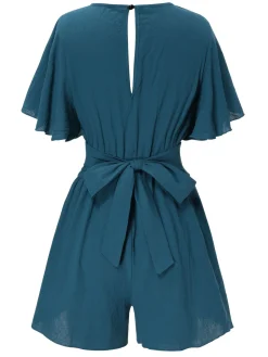Hot Retro Stage 1950s Solid V-Neck Cotton Flounce Sleeve Romper