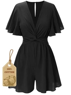 Hot Retro Stage 1950s Solid V-Neck Cotton Flounce Sleeve Romper