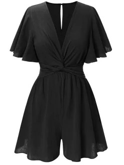 Hot Retro Stage 1950s Solid V-Neck Cotton Flounce Sleeve Romper