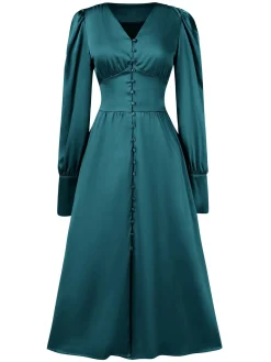 Best Retro Stage 1940s Solid V-Neck Faux Satin Button Dress