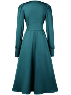 Best Retro Stage 1940s Solid V-Neck Faux Satin Button Dress