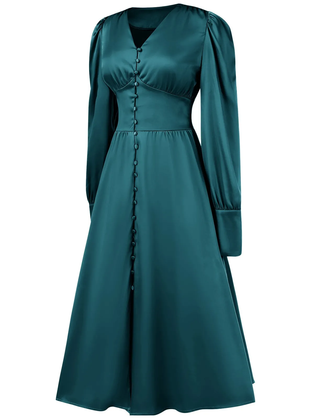 Best Retro Stage 1940s Solid V-Neck Faux Satin Button Dress