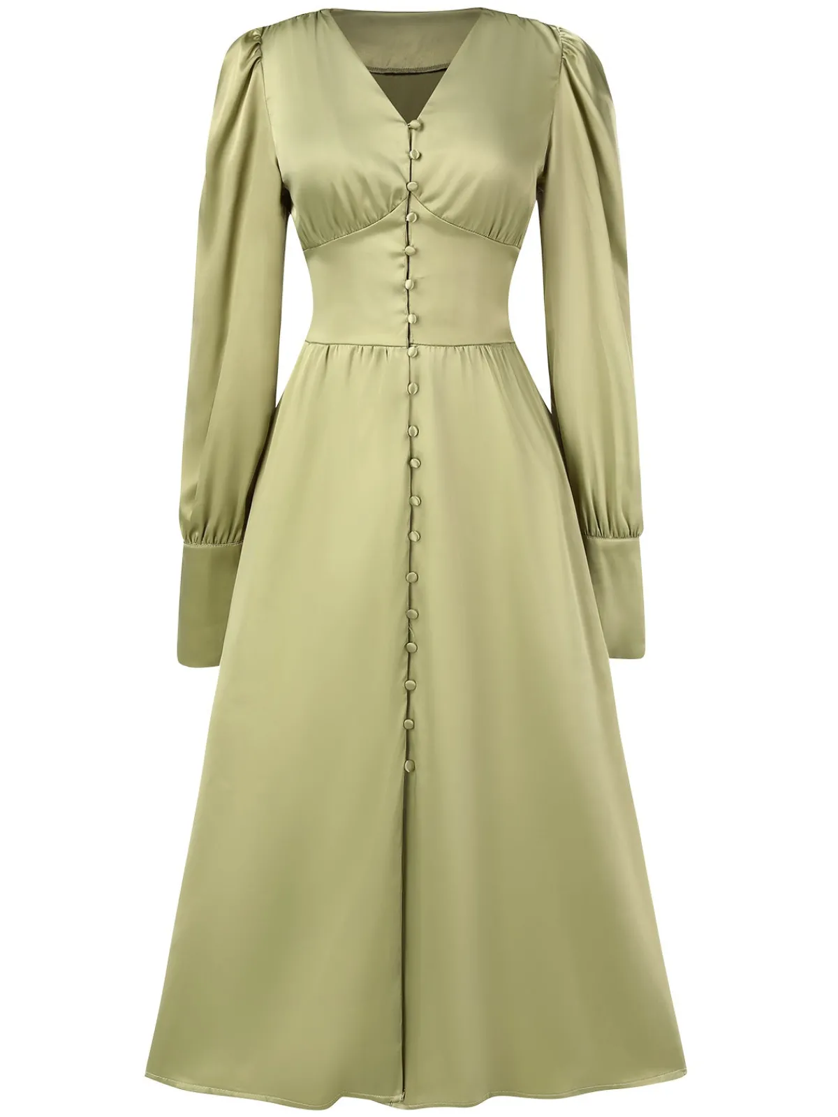 Best Retro Stage 1940s Solid V-Neck Faux Satin Button Dress