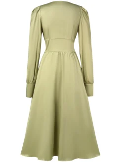 Best Retro Stage 1940s Solid V-Neck Faux Satin Button Dress
