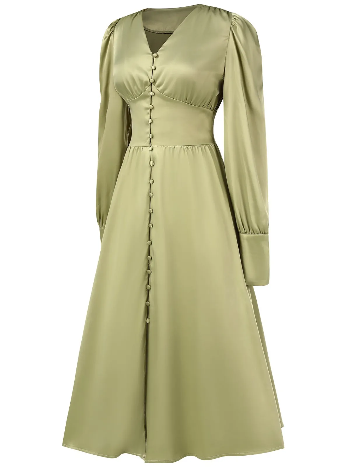 Best Retro Stage 1940s Solid V-Neck Faux Satin Button Dress