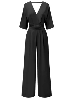 Hot Retro Stage 1940s Solid V-Neck Half Sleeves Jumpsuit
