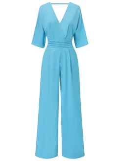 Hot Retro Stage 1940s Solid V-Neck Half Sleeves Jumpsuit