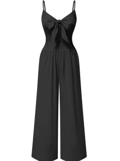Best Retro Stage 1940s Solid V-Neck Hollow-Out Bow Straps Jumpsuit