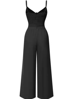 Best Retro Stage 1940s Solid V-Neck Hollow-Out Bow Straps Jumpsuit
