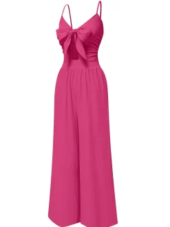 Best Retro Stage 1940s Solid V-Neck Hollow-Out Bow Straps Jumpsuit