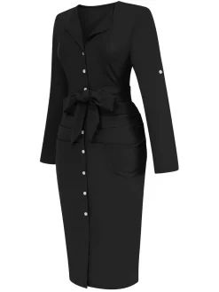 Sale Retro Stage 1960s Solid V-Neck Pleated Button Dress