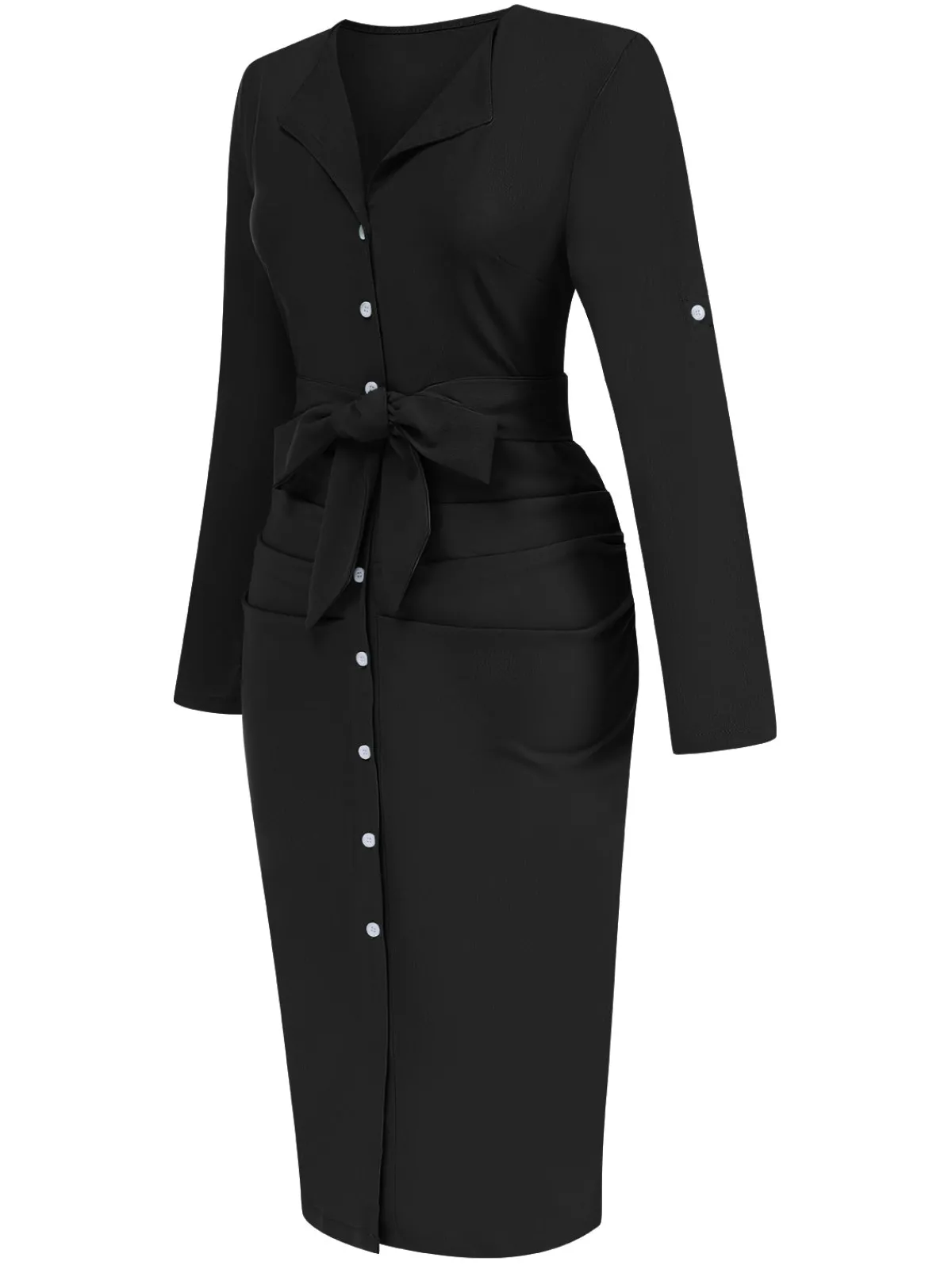 Sale Retro Stage 1960s Solid V-Neck Pleated Button Dress