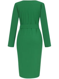 Sale Retro Stage 1960s Solid V-Neck Pleated Button Dress