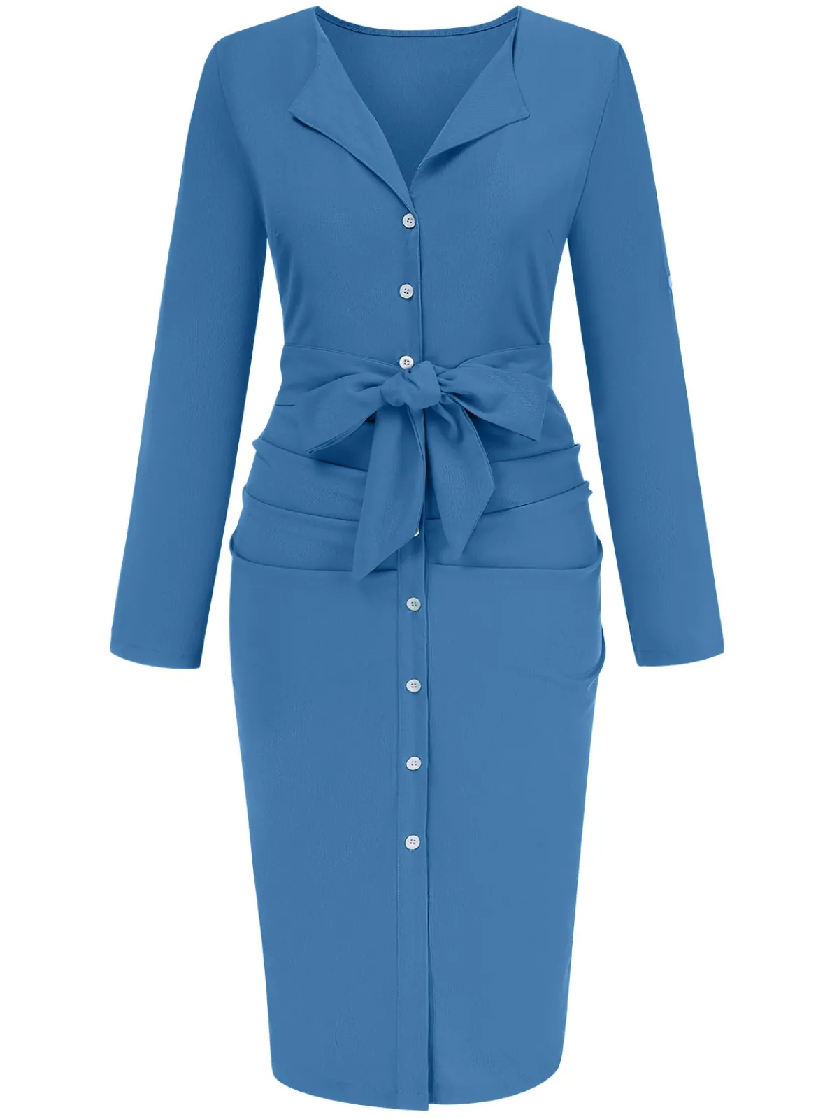 Sale Retro Stage 1960s Solid V-Neck Pleated Button Dress