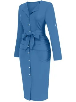 Sale Retro Stage 1960s Solid V-Neck Pleated Button Dress
