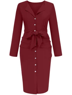 Sale Retro Stage 1960s Solid V-Neck Pleated Button Dress